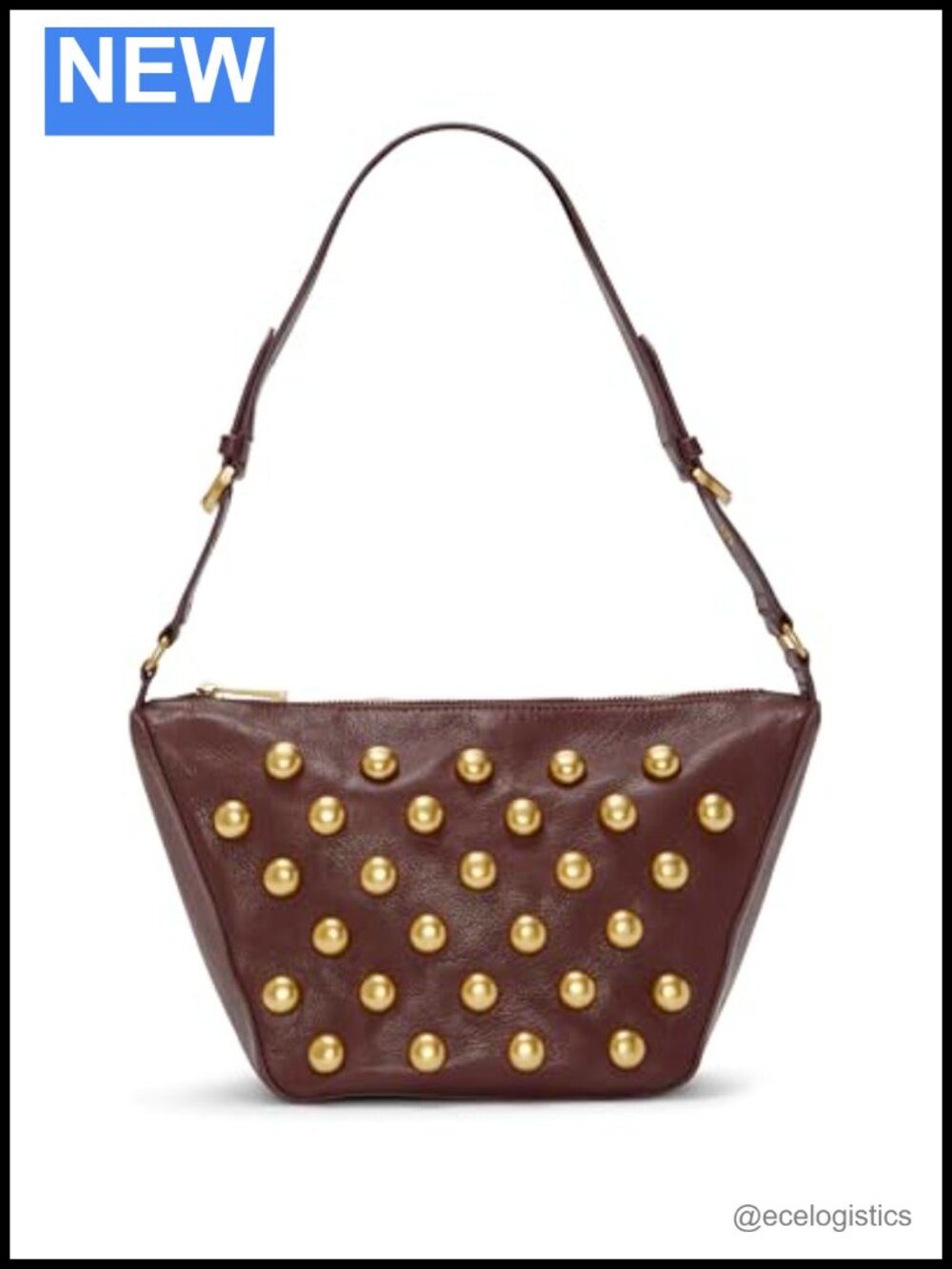 Genuine Leather Studded Shoulder Bag with Two Straps Zipper Closure